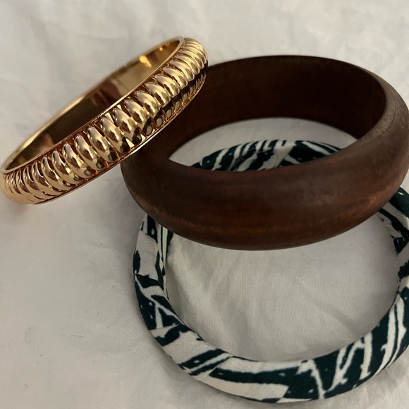 Set of 3 Plunder bracelets solid wood bracelet Gold Bangle fabric wrap bracelet - Picture 2 of 5